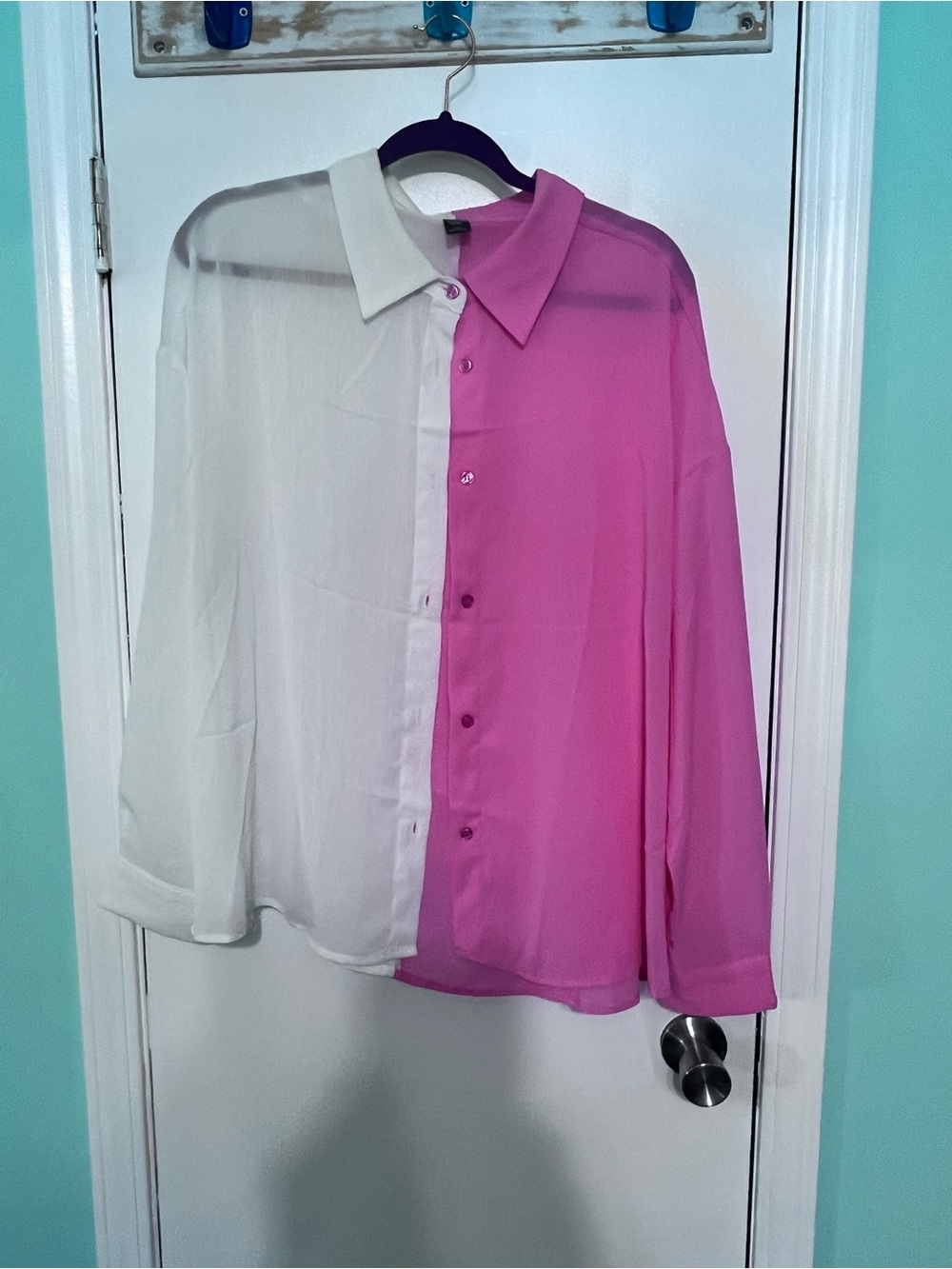 Two-Tone Pink and White Button-Down Blouse Size 1XL